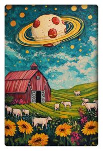 Whimsical farm scene with sheep, sunflowers, and a planet shaped like a pizza with rings in the sky.