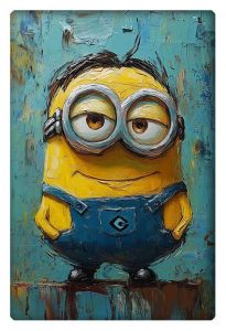 Whimsical painting of a Minion, rendered in thick oil brushstrokes inspired by Van Gogh’s style.