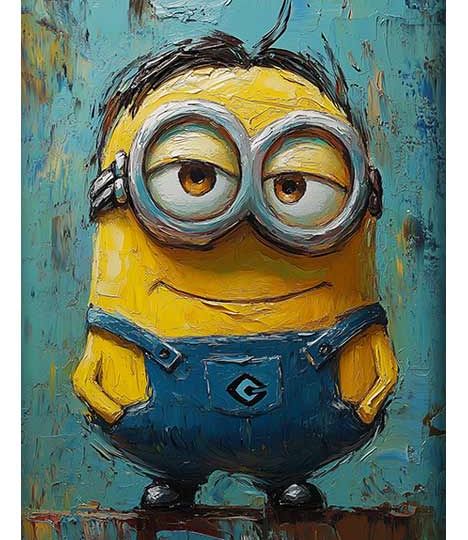 Whimsical painting of a Minion, rendered in thick oil brushstrokes inspired by Van Gogh’s style.