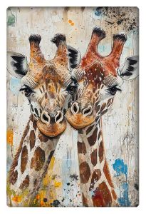 Two giraffes leaning close together against a vibrant, abstract background with splashes of color.