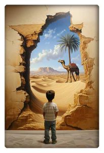 A young boy stands in front of a painting of a desert scene, depicting a camel, palm tree, and dunes, as if looking through a cracked wall.