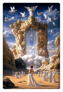 A monumental gateway set in rocky cliffs, adorned with divine symbols, surrounded by angels and figures in white robes, doves flying overhead.