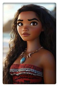 A realistic digital portrait of Moana, the Disney heroine, gazing into the distance with a thoughtful expression. Her long, curly hair flows naturally, and she is wearing her signature necklace with an oceanic charm, set against a beach background.