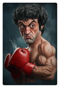 Exaggerated caricature of Rocky Balboa with muscular arms and red boxing gloves, showing a fierce and determined expression, capturing his iconic toughness.