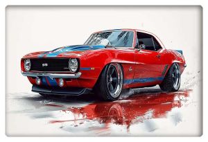 A digitally enhanced artwork of a red Chevrolet Camaro SS with blue racing stripes, depicted in a bold and modern style. The car sits on a reflective surface, accentuating its muscular build and sleek lines.