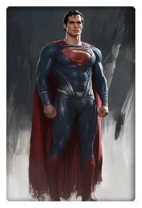 Realistic, detailed portrait of Superman standing tall in his classic red cape and blue suit.