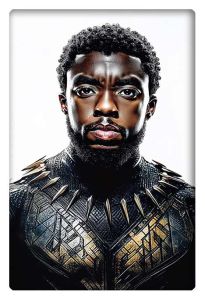 Portrait of a strong Black Panther hero in intricate Wakanda armor, exuding power and determination.