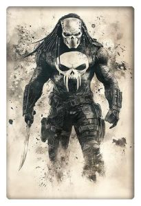 Watercolor art of Predator dressed as The Punisher, wielding a knife, in black and white tones.