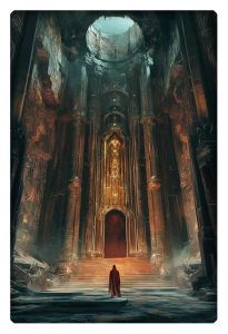 A towering, grand temple with gothic architecture, bathed in ethereal light. A figure draped in a red cloak stands at the bottom of a massive staircase, gazing at the glowing, mystical doorway above.