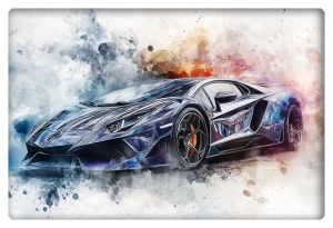 Watercolor artwork of a futuristic black sports car, highlighted with prismatic reflections and splashes of abstract colors.