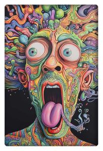 A vibrant, psychedelic illustration of a man with wide eyes and an exaggerated expression, with swirling colorful patterns exploding from his head.