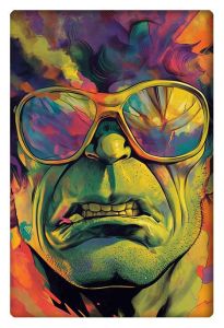 Colorful and exaggerated portrait of the Hulk wearing reflective sunglasses, with a psychedelic background.