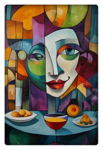 A colorful, abstract painting of a smiling face with vibrant hues of green, blue, orange, and purple. The geometric shapes blend together, forming a Picasso-inspired portrait with bold red lips and half-closed eyes. In the foreground, a table holds a glass of red wine, plates of food, and a peach, all illustrated in surreal and cubist forms. The background features more abstract geometric patterns and colorful shapes, blending seamlessly into the whimsical and joyful composition.