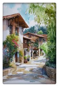 A beautiful watercolor painting of a quaint village street, with charming stone houses adorned with flowers and greenery, leading to a sunlit pathway.