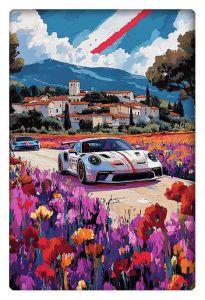 A group of sleek sports cars speeds along a road lined with vibrant flowers, with a picturesque hillside village in the background, under a sky with vivid streaks of color.