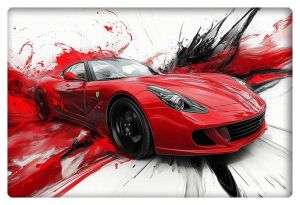 A red sports car charging forward through splashes of red, black, and white abstract waves, embodying raw power and speed.