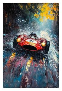 A vintage red race car speeding through a rain-soaked track, splashing water as it powers through the rain.