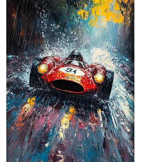 A vintage red race car speeding through a rain-soaked track, splashing water as it powers through the rain.