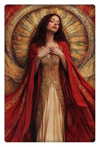 A radiant woman in a red and gold robe standing before a golden halo, exuding grace and divine reverence.