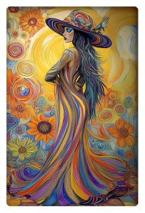 Vibrant painting of a woman in a flowing, multicolored dress, standing among bold, swirling sunflowers and abstract patterns.