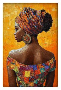 Mosaic portrait of an African woman wearing vibrant, colorful traditional attire and headwrap.