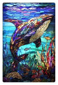 A vibrant stained glass artwork of a whale swimming through a colorful underwater seascape, featuring detailed marine life and bold hues.