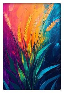 Abstract painting of corn and wheat with vibrant colors including orange, blue, purple, and green.