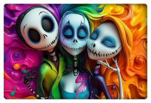 Three colorful, whimsical skeleton characters in rainbow hues embracing each other.