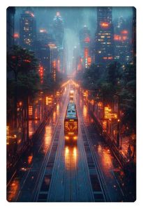 A stunning night scene of a modern city in the rain, with a tram moving down the illuminated streets, reflecting the glowing city lights.