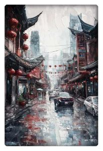 An oil painting of a rainy street in Shanghai, blending traditional architecture with modern cars, lanterns reflecting in the wet pavement.