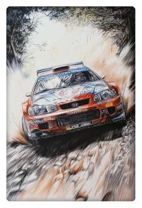 A red Honda rally car powers through a dirt road, surrounded by dynamic splashes of dust and debris, as it speeds through a forest track.