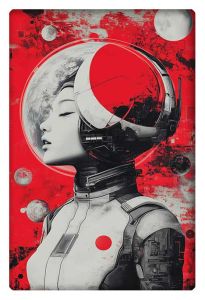 Futuristic female astronaut in a sleek spacesuit, set against a red cosmic backdrop with planets and space textures.