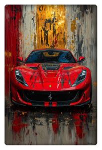 Abstract painting of a red Ferrari against a bold, textured background with vibrant red, orange, and black tones.