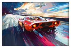 Vibrant digital artwork featuring a red Ferrari driving into a radiant sunset, showcasing speed and dynamic energy.