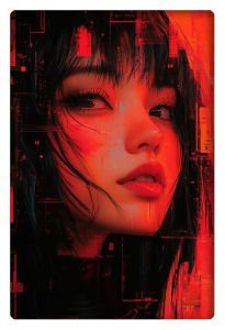 A striking digital portrait of an anime-style woman with red lighting and dark hair.