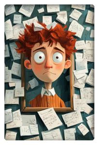 Vibrant AI artwork of a red-haired man surrounded by notes on a wall, capturing stress and creativity.