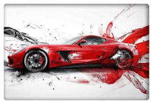 A dynamic side view of a red sports car bursting through swirling black, grey, and red abstract waves, capturing speed and power in motion.