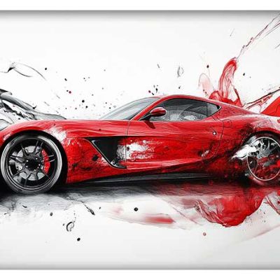 A dynamic side view of a red sports car bursting through swirling black, grey, and red abstract waves, capturing speed and power in motion.