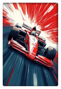 A high-energy illustration of a racing car bursting forward, featuring red and white tones that create a sense of speed and intensity as the car accelerates.