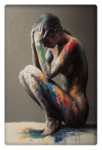 Nude figure painted with vibrant abstract colors, seated in a reflective pose.