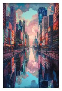 A vibrant, surreal painting of a modern city with tall skyscrapers reflected perfectly in a calm river, framed by a dramatic sunset sky in pink and blue tones.