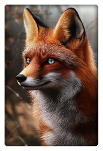 A highly detailed digital artwork of a regal fox with piercing blue eyes, set against a soft, autumn-colored background.