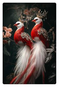 Two majestic red and white birds with long, flowing feathers adorned with sparkling jewels, perched gracefully on a branch in an elegant, dark forest setting.