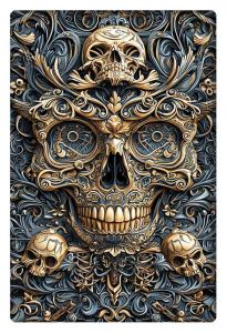 A highly detailed illustration featuring a large ornate skull with intricate swirling gold and teal designs, surrounded by smaller skulls in a regal, ornamental style.