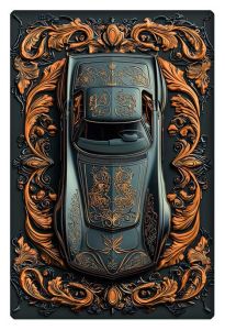 An intricate depiction of a 1972 Corvette with golden ornamental designs, framed in ornate patterns, against a dark and opulent background.