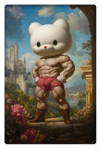 Renaissance-style painting of a muscular figure with a cat head, set against a castle backdrop.