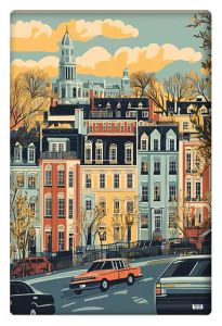 A retro-style illustration of Washington D.C. featuring colorful townhouses and a classic view of the Capitol in the background, with vintage cars on a curved street.