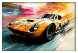 Vibrant retro-themed artwork of a speeding orange sports car with streaks of motion blending into the background.