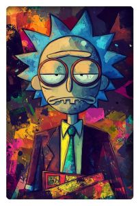 Abstract artwork of Rick Sanchez from Rick and Morty, featuring vibrant splashes of color, showcasing his bored expression and iconic spiky blue hair.