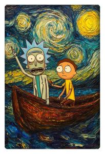 Rick and Morty sail through a swirling Van Gogh-inspired night sky in a wooden boat, blending pop culture with classic art in this creative digital artwork.